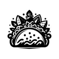A stylized black and white illustration of a taco, adorned with ornate floral and leaflike elements, creating a unique . vector