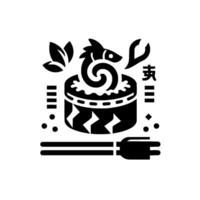 A stylized black and white illustration of a sushi roll with dragon , chopsticks and Japanese characters. vector