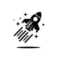 Black and white illustration of a rocket ship blasting off, surrounded by stars, representing space exploration and technological advancement. vector