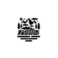 Minimalist black and white illustration Scenic train journey through mountains, forests, clouds, and a crescent moon at night. vector