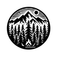 Black and white minimalist nature emblem campfire at night under mountain range, surrounded by pine trees and a sun in a circular frame. vector