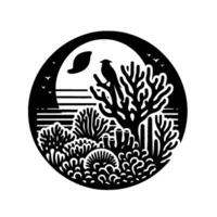 Serene circular black and white minimalist nature scene with a bird perched in a tree, sunset and stylized plants. vector