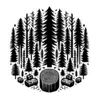 A stylized, monochrome forest illustration within a circular frame, featuring varying tree sizes, cut logs, and a detailed tree stump at the center, evoking the feeling of nature. vector