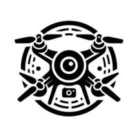 Drone Illustration Black and White Aerial Device with Camera, Propellers, and Circular Decorative Frame, Clean . vector