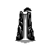Minimalist Black and White Depicting a Waterfall Flowing from a Rocky Cliff with a Tree atop, Reflecting in the Water. vector