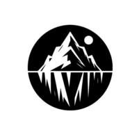 Black and White Mountain Landscape in Circle, Reflecting Peak, Moonlit Scene, Minimalist vector