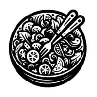 Black and white illustration of a stylized salad bowl with fork and knife, filled with vegetables, on a white background. vector