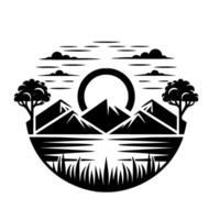 Black and white illustration of a mountain landscape scene with mountains, trees, water reflection, clouds and a circular sun, framed in a circle. vector