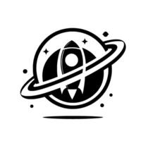 Black and white depicting a rocket ship launching from behind a planet with a ring and stars. vector