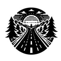 Circular black and white stylized illustration depicting a mountain highway scene with trees, a sunset, and an open road. vector