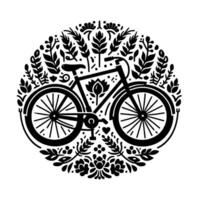 Black and White Circular Illustration of a Bicycle Surrounded by Floral and Botanical Elements, Emphasizing Natures Embrace. vector