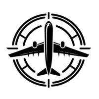 Black and white aviationthemed featuring a simplified airplane inside a circular frame with stylized geometric elements and a minimalist aesthetic. vector