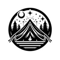 Black and white camping emblem featuring tent, moon, stars, bonfire, and pine trees within a circular frame, conveying a sense of adventure. vector