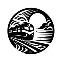 Black and white stylized illustration of a train racing towards the viewer within a circular frame, with stylized clouds, sun, and landscape elements. vector