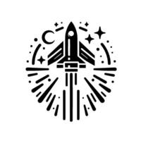 Black White Illustration of Rocket Launching into Space, encircled by Stars, Moon Speed Lines. vector