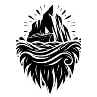 Black and White Nautical Illustration of a Ship Navigating Icy Waters with Mountains and Stylized Waves, Resembling a Beard. vector