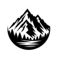 Black and White Mountainscape A stylized, minimalist depicting a mountain range, coniferous forest, and a lake, all within a teardrop frame, evoking a sense of tranquility. vector