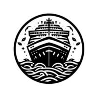 Frontfacing monochrome illustration of a cruise ship sailing on stylized waves, enclosed in a circular frame with nature elements, minimalist . vector