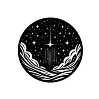 A black and white celestial illustration set in a circular frame, featuring a starburst emanating from a lowerlevel horizon line. vector