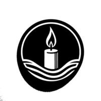 Black and white round emblem featuring a stylized candle with a flickering flame above water waves, symbolizing hope, peace, and remembrance. vector