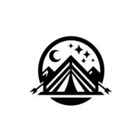 Black and white camping featuring tent, mountains, moon, stars, and crossed arrows within a circular frame, suggesting adventure. vector