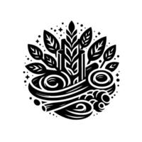 Elegant Monochrome Emblem Wheat and Foliage , Enclosed in a Circular Composition with Decorative Swirls and Dots, Illustrating Natural Elements. vector