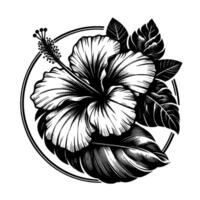 Intricate black and white hibiscus illustration within a circular frame, displaying detailed petals, leaves, and stamen. vector