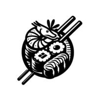 Monochrome Sushi Plate with Shrimp and Chopsticks, Illustration on a Wooden Background. vector