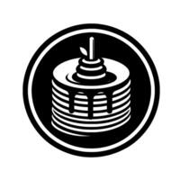 Black and White Circular Featuring a Stack of Pancakes, Dripping Syrup, and Topped with a Leafy Decoration. vector