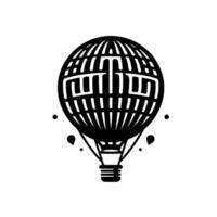 Black White of a stylized hot air balloon with a pattern incorporating lettering, simple basket, and floating dots, centered on a white backdrop. vector