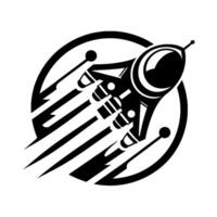 A minimalist black and white illustration of a spacecraft accelerating through space within a circular frame. vector