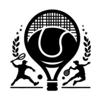 Dynamic Black and White Tennis Emblem Silhouette Players with Racket Ball, Within Large Racket Shape, Accented by Stars and Laurel Wreaths. vector