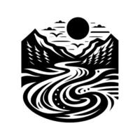 A stark, illustration of a flowing river winding between stylized mountain peaks, pine trees, a sun, and birds against a hexagonal frame. vector