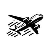 Bold Black and White Illustration of a Jet Airplane Taking Off, Depicting Speed and Motion with Dynamic Lines. vector