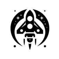 Black and white minimalist space a stylized rocket ship within a crescent moon and starfield on white background. vector