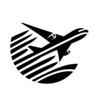 Stylized black and white airplane taking off, emerging from a dynamic circle of speed lines, capturing flight and motion, isolated on white. vector