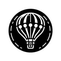 A minimalist, black and white hot air balloon , enclosed within a circular frame with dashed border on a white background. vector