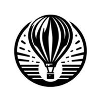 A stylized black and white illustration of a hot air balloon, with vertical lines, circles, dashes, and a circular frame. vector