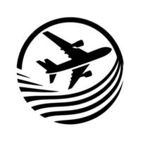 Black Silhouette of Airplane in Flight Within a Circular Frame with Flight Path Lines, for Travel vector