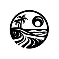 Stylized Black and White Circular Beach Scene with Palm Trees, Sun, and Waves in a Decorative . vector