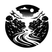 Black and White Serene Landscape River Path Through Lush Forests Under a Moonlit Sky, Circular Composition. vector