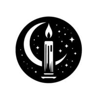 Silhouette Candle and Crescent Moon Surrounded by Stars in a Dark Circular Background, Isolated on White. vector