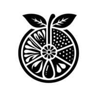 Stylized Black and White Citrus Slice Illustration A Bold, Geometric with Leafy Stem, Artistic Patterns, and Juice Drop vector