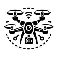 Detailed black and white illustrated drone with propellers, camera, signal, and control elements, minimalist style. vector