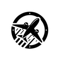 Stylized black and white airplane inside a circular frame with dots, showing minimalist , perfect for aviation or travel branding. vector
