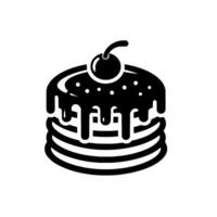 Bold black and white illustration of a stack of pancakes, topped with chocolate sauce and a cherry. Simple, clean , food . vector