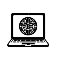 Minimalist Black White Laptop Displaying a Circuit Board Globe, Illustrating Connectivity, Tech Digital World. vector