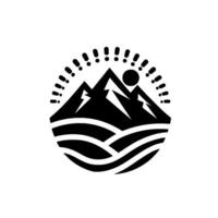 Silhouette of Mountain Range, Sun, and Water with Exclamation Marks, Black and White, Circular . vector
