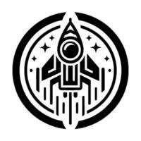 Minimalist Black and White Rocket Ship Emblem Surrounded by Stars and a Circular Frame, Illustrating Space Exploration vector