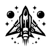 Bold Black and White Illustration of a Futuristic Spaceship with Starfield and Planets. vector